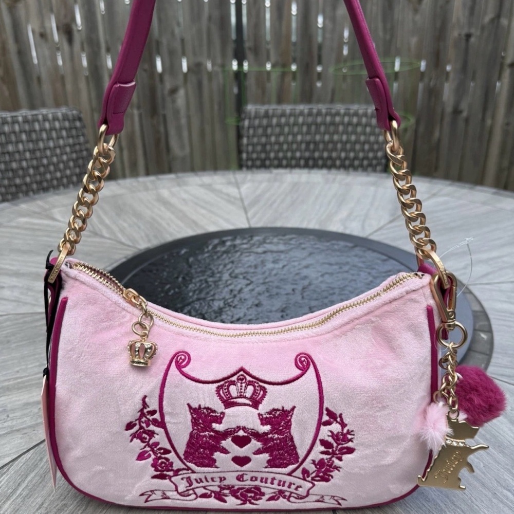 Juicy Couture Pink Velvet Shoulder Bag with Gold Chain and Fuchsia Trim